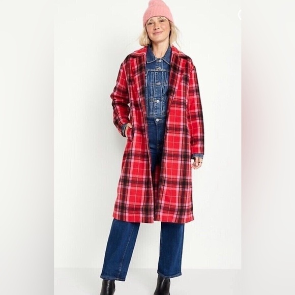 Old Navy Jackets & Blazers - Old Navy Women’s Long Coat Red Tartan Plaid Oversized Soft Brushed Duster~L